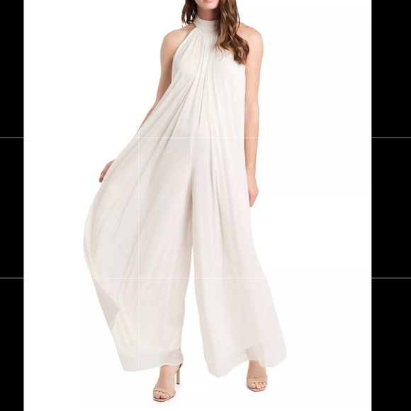 MSK High-Neck Sparkle-Mesh Wide-Leg Jumpsuit-Ivory/Gold - Picture 3 of 9